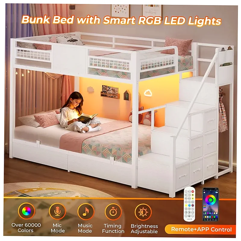 BTHFST Led Lights Twin Bunk Bed With 2 Storage Drawers