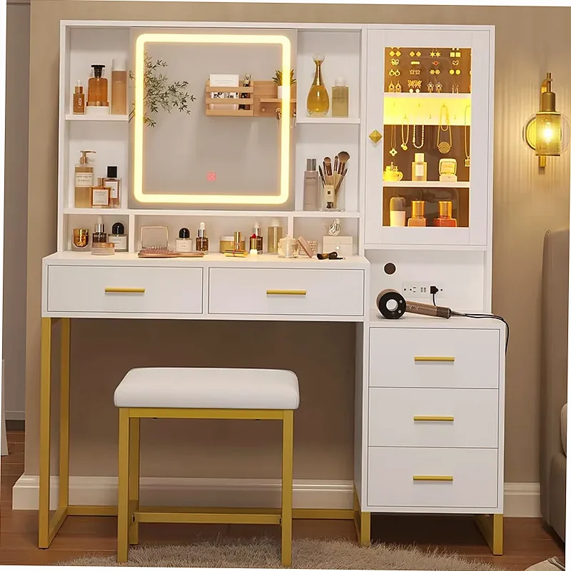 BTHFST Makeup Vanity With Upholstered Stool Charging Station