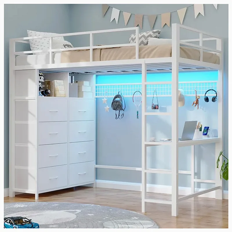 BTHFST Twin Loft Bed With Desk 8 Storage Drawers Tall Dresse