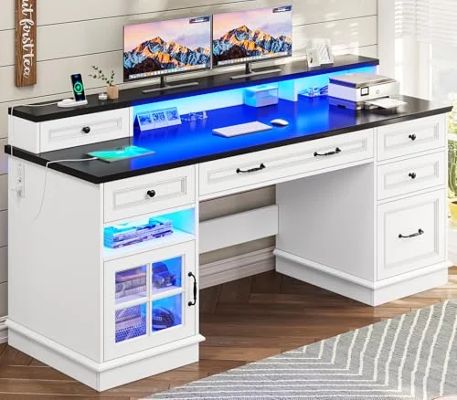 BTHFST 59.1″ Executive Desk with File Drawer, white and black, product photo