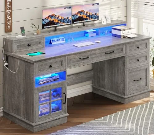 BTHFST 59.1″ Executive Desk with File Drawer, grey, product photo