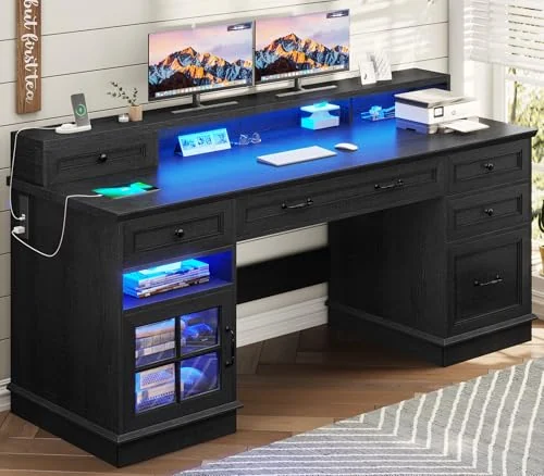 BTHFST 59.1″ Executive Desk with File Drawer, black, product photo