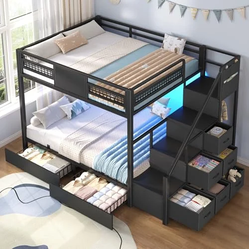 BTHFST Bunk Bed Full Over Full with Stairs, black, product photo
