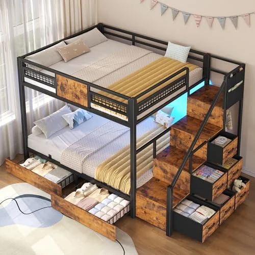 BTHFST Bunk Bed Full Over Full with Stairs, rustic brown, product photo
