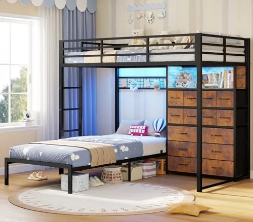 BTHFST Bunk Bed Twin Over Twin with 14 Drawers, rustic brown, product photo