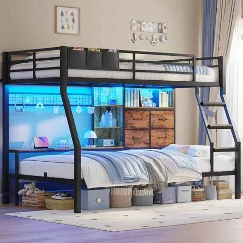 BTHFST Bunk Bed Twin Over Twin with Charging Station, rustic brown, product photo