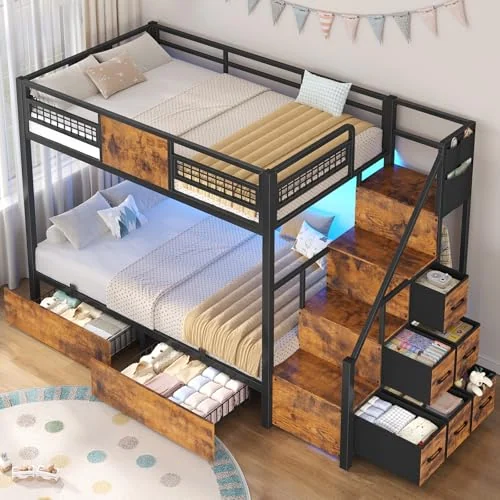 BTHFST Bunk Bed Twin Over Twin with Stairs, rustic brown, product photo