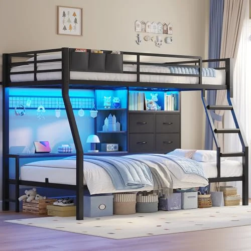 BTHFST Bunk Bed Twin Over Twin with Charging Station, black & grey, product photo