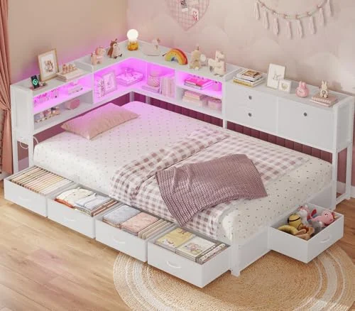 BTHFST Corner Bed Frame with Charging Station & Led, white, product photo