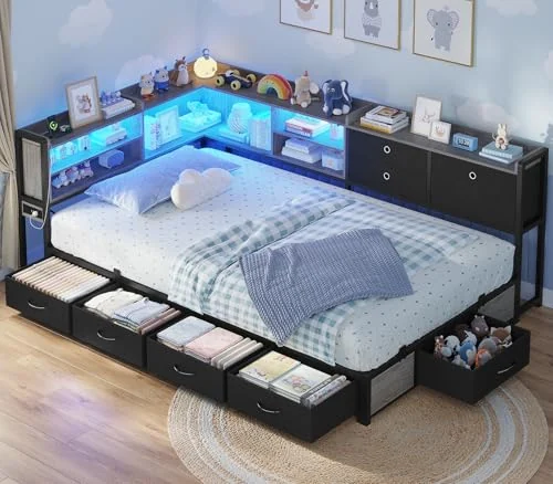 BTHFST Corner Bed Frame with Charging Station & Led, black & gray, product photo