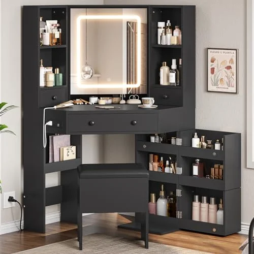 BTHFST Corner Vanity Desk with Lighted Mirror, black, product photo