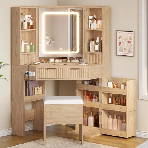 BTHFST Corner Vanity Desk with Lights and Charging Station, natural oak, product photo