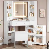 BTHFST Corner Vanity Desk with Lights and Charging Station, white, product photo