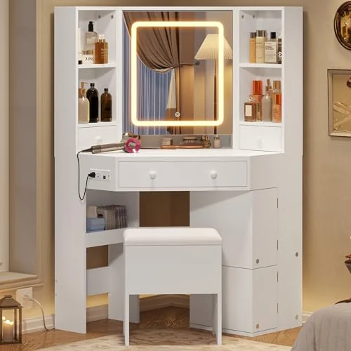 BTHFST Corner Vanity Desk with Lights and Charging Station, photograph 2 of 8 published for this piece