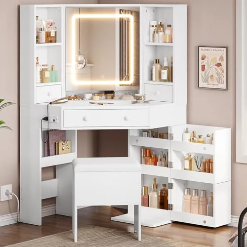 BTHFST Corner Vanity Desk with Lights and Charging Station, white, product photo