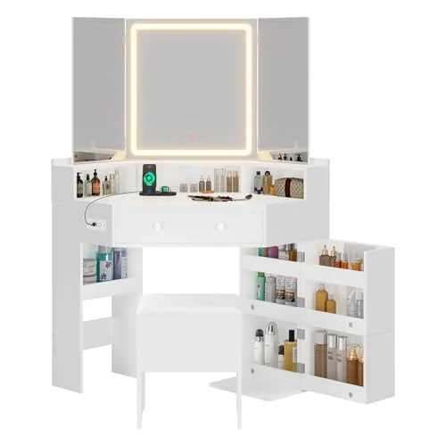 BTHFST Corner Vanity with Tri-Fold Mirror & Cushioned Storage, photograph 8 of 8 published for this piece