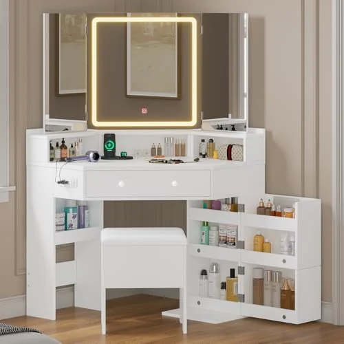 BTHFST Corner Vanity with Tri-Fold Mirror & Cushioned Storage, white, product photo