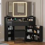 BTHFST Corner Vanity with Tri-Fold Mirror & Cushioned Storage, black, product photo