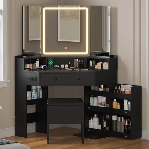 BTHFST Corner Vanity with Tri-Fold Mirror & Cushioned Storage, black, product photo