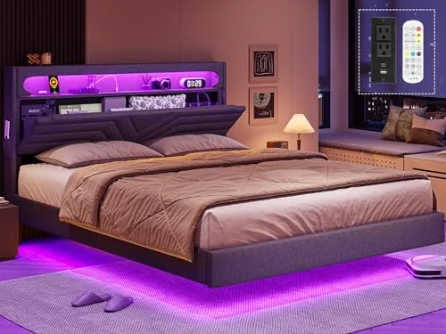 BTHFST Floating Bed Frame Full Size with RGB Lights, linen gray, product photo