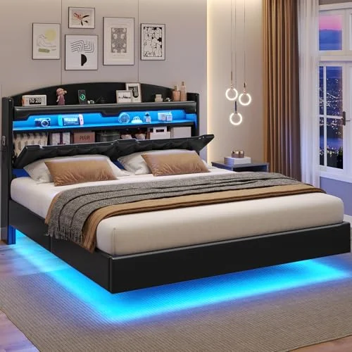 BTHFST Floating Bed Frame Queen Size with Storage Headboard, pu black, product photo