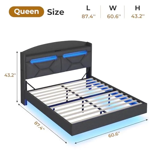 BTHFST Floating Queen Bed Frame with Hidden Storage Headboard, photograph 2 of 9 published for this piece