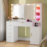 BTHFST Fluted Vanity Desk with Large 31.5″ Mirror and, white, product photo
