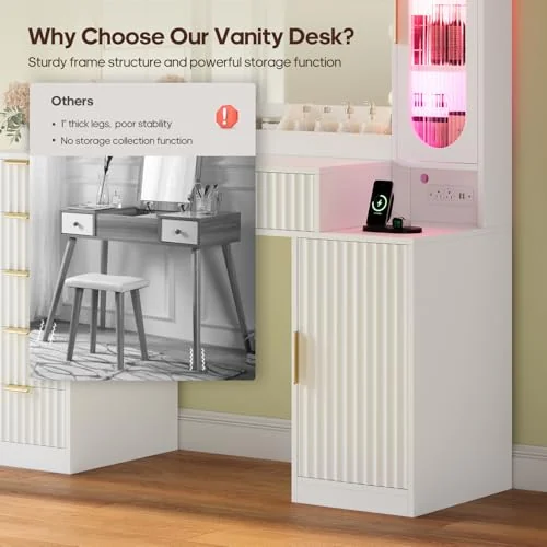 BTHFST Fluted Vanity Desk with Large 31.5″ Mirror and, photograph 5 of 9 published for this piece