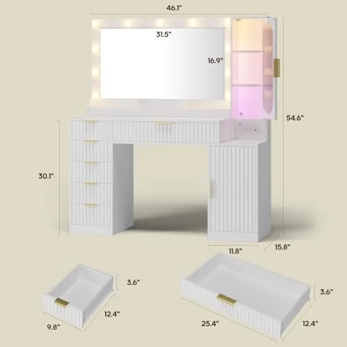 BTHFST Fluted Vanity Desk with Large 31.5″ Mirror and, photograph 6 of 9 published for this piece