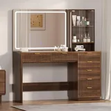 BTHFST Fluted Vanity Desk with Large Mirror, brown, product photo