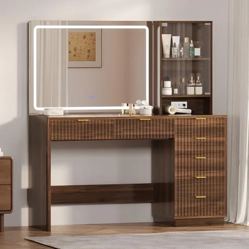 BTHFST Fluted Vanity Desk with Large Mirror, brown, product photo