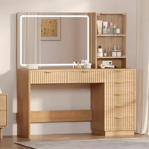 BTHFST Fluted Vanity Desk with Large Mirror, white, product photo