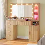 BTHFST Fluted Wood Vanity Desk with Large 31.5″ Mirror, oak, product photo
