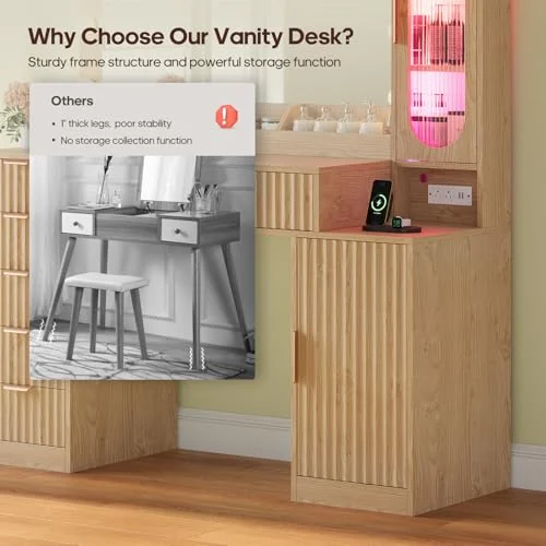 BTHFST Fluted Wood Vanity Desk with Large 31.5″ Mirror, photograph 5 of 9 published for this piece