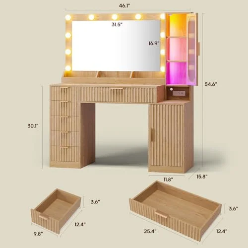 BTHFST Fluted Wood Vanity Desk with Large 31.5″ Mirror, photograph 6 of 9 published for this piece