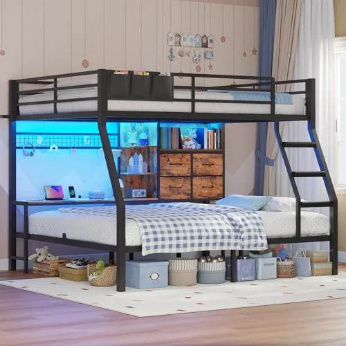 BTHFST Full Over Full Bunk Beds with Charging Station, rustic brown, product photo
