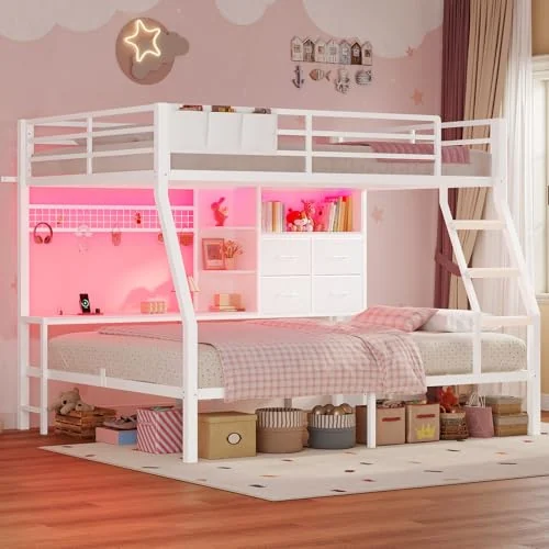 BTHFST Full Over Full Bunk Beds with Charging Station, white, product photo