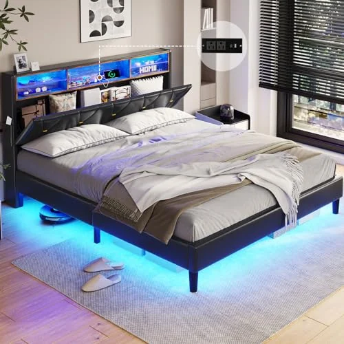 BTHFST Full Size Bed Frame with LED Lights &, black-pu leather, product photo