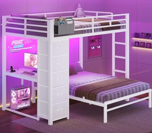 BTHFST Full Size Bunk Bed with Desk, white, product photo