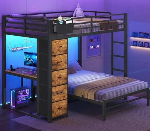 BTHFST Full Size Bunk Bed with Desk, rustic brown, product photo