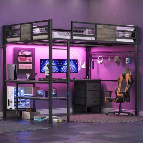 BTHFST Full Size Loft Bed with Desk and Storage, grey, product photo