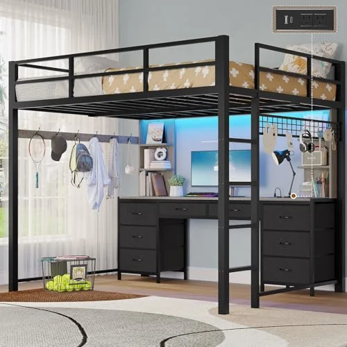 BTHFST Full Size Loft Bed with Desk and 8, grey, product photo
