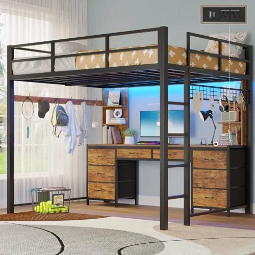 BTHFST Full Size Loft Bed with Desk and 8, black, product photo