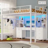 BTHFST Full Size Loft Bed with Desk and 8, white, product photo