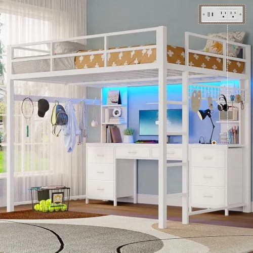 BTHFST Full Size Loft Bed with Desk and 8, white, product photo