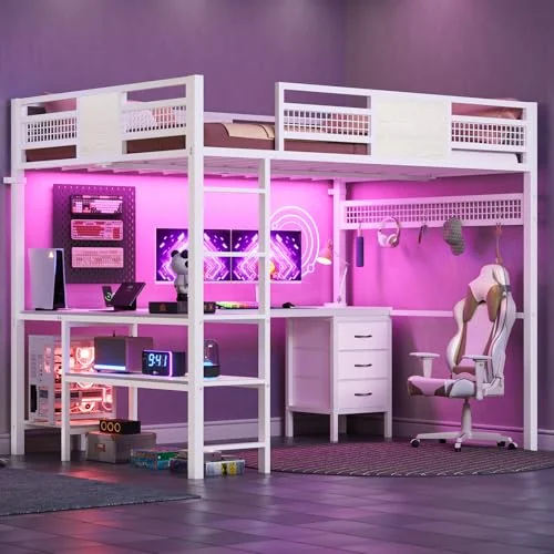 BTHFST Full Size Loft Bed with Desk and Storage, white, product photo