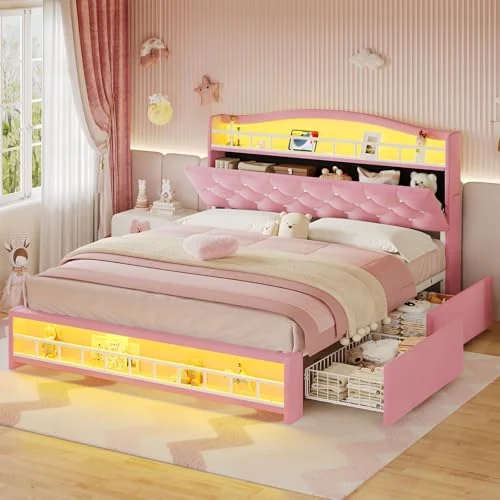 BTHFST Girls Full Bed Frame, pink-4 drawers, product photo