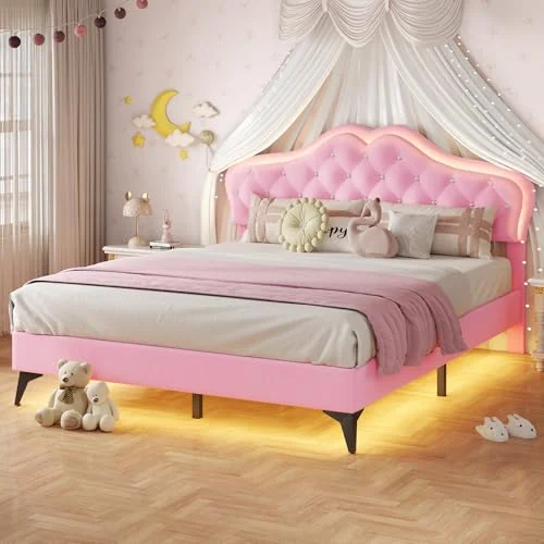 BTHFST Girls LED Full Bed Frame, pink, product photo
