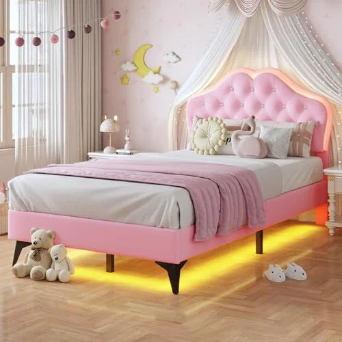 BTHFST Girls LED Twin Bed Frame, pink, product photo