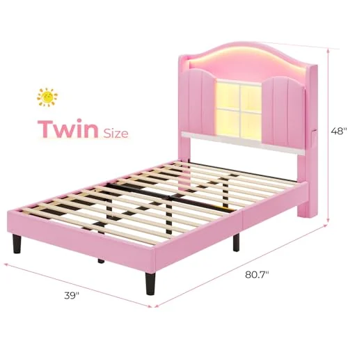 BTHFST Girls LED Twin Size Bed Frame with Upholstered, photograph 2 of 8 published for this piece